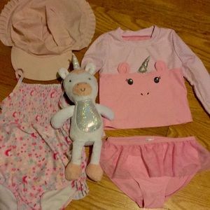 Carter’s New Unicorn bathing suit set baby 24 m + doll H&M hat & swim suit lot